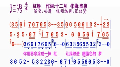 歌曲的动态简谱视频合集 安静演唱《红唇》动态简谱