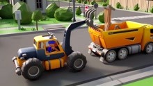 挖掘机工程车益智动画 挖掘机大货车清理城市道路