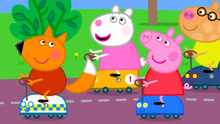 小猪佩奇和3个好朋友一起来骑玩具车